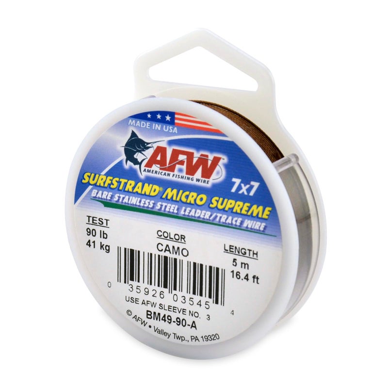 AFW American Fishing Wire Surfstrand Micro Supreme, Bare 7x7 Stainless Steel Leader Wire, 90 lb Test, 0.027" Diameter, Camo, 5m - Image 1
